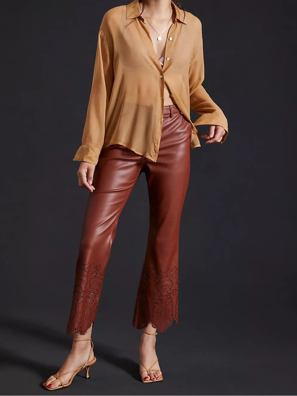 Anthropologie Laser Cut Faux Leather Novelty Slim Flare Chocolate Brown Pants 4